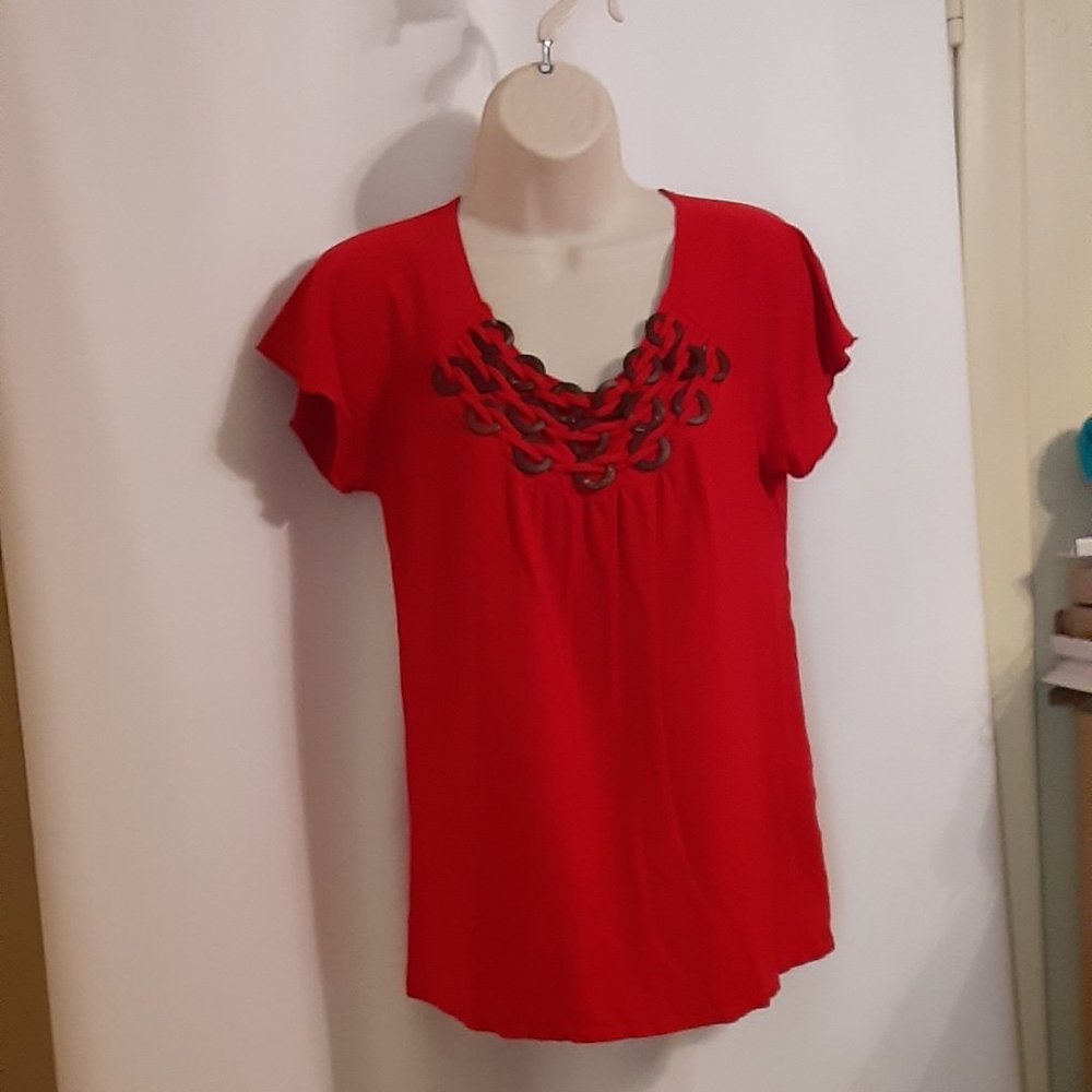 Style & Co Dark Red Embellished Top short sleeves Size Large but runs small